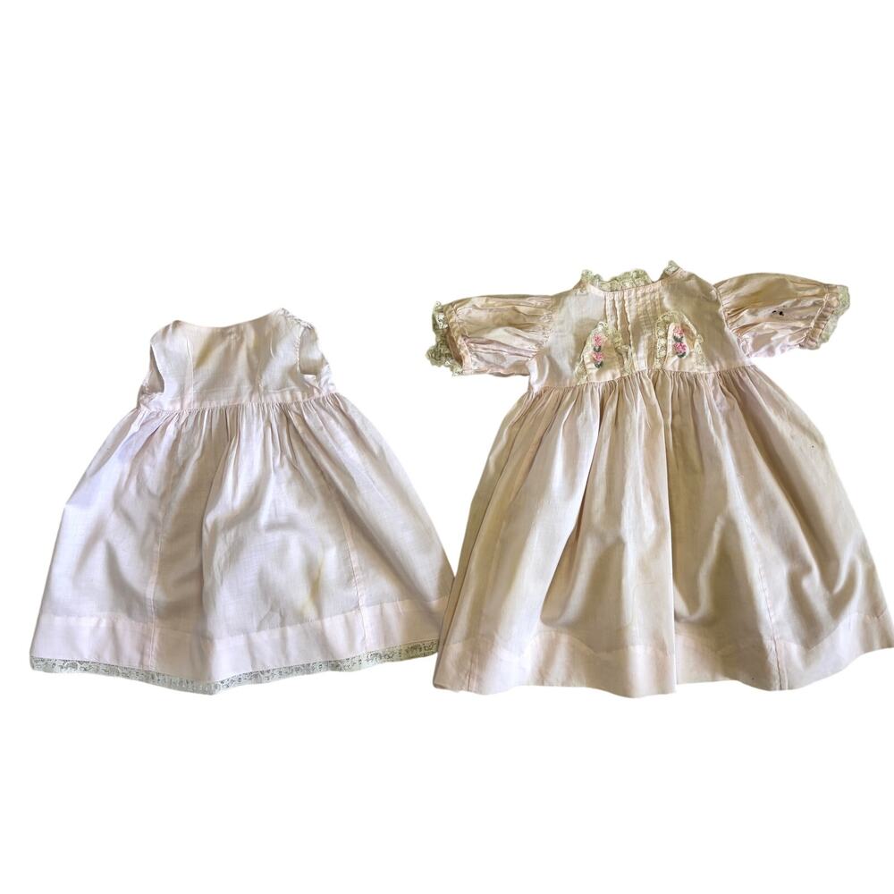 Vintage 1960s Baby Doll Pinafore Dress & Slip Pink Cotton Floral Embroidery Lace